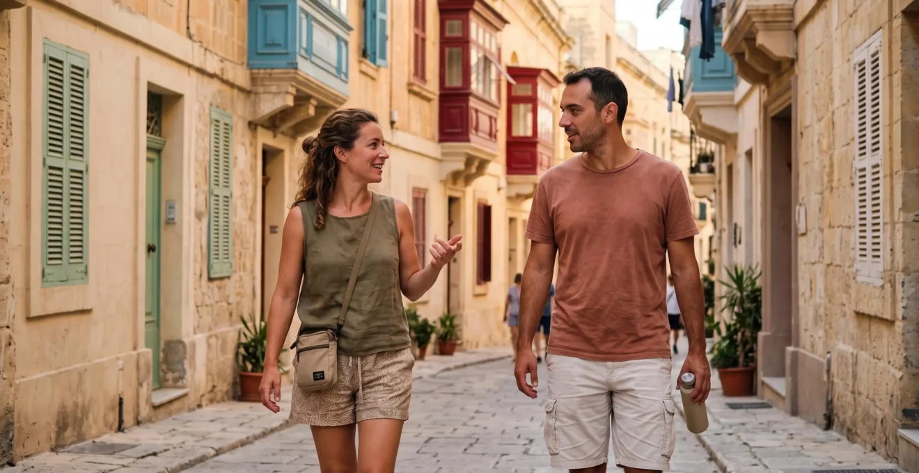 Deux personnes en conversation dans une rue typique de Saint Julian's à Malte, entourées d'architecture en pierre dorée.